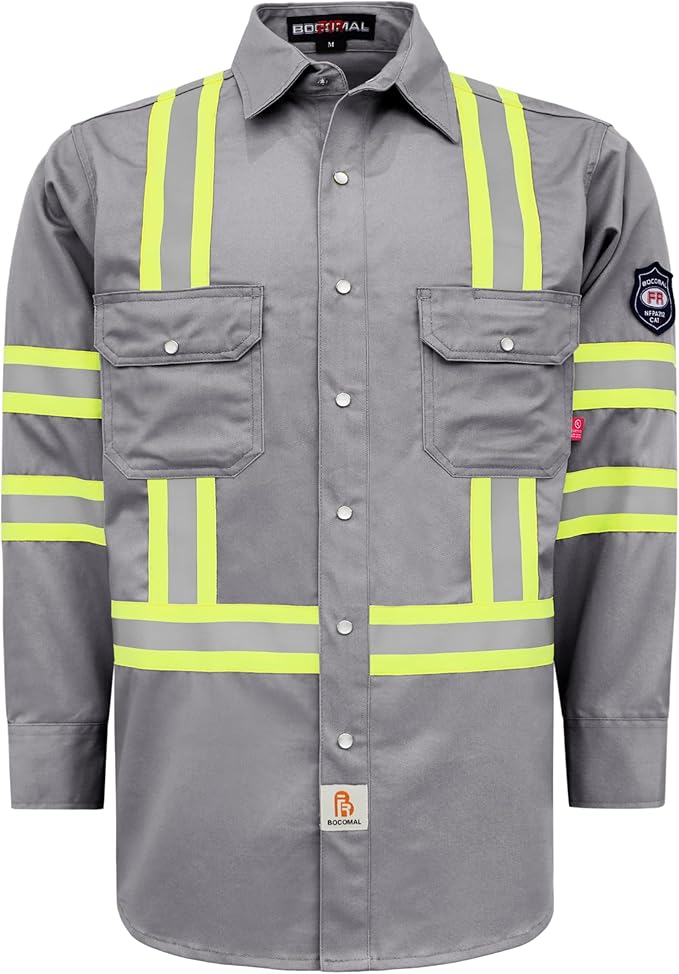 BOCOMAL FR Shirts High Visibility/Hi Vis Flame Resistant/Fire Retardant Shirt 7.5oz Men's Reflective Shirts