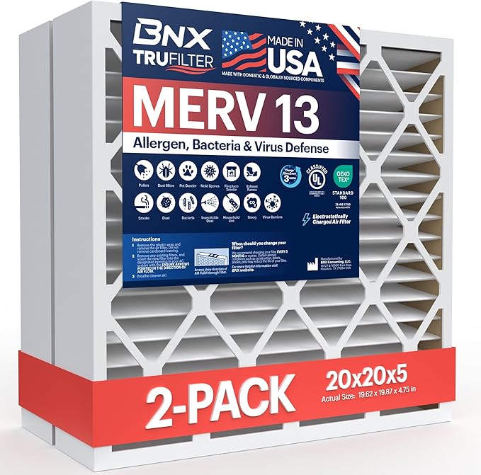 BNX TruFilter 20x20x5 (19.88’’ x 19.88’’ x 4.38‘’ Honeywell Compatible 4”) MERV 13 Air Filter (2-Pack) - MADE IN USA - HVAC AC Furnace Filters Health, Allergies, Mold, Bacteria, Smoke, MPR 1900 FPR 10