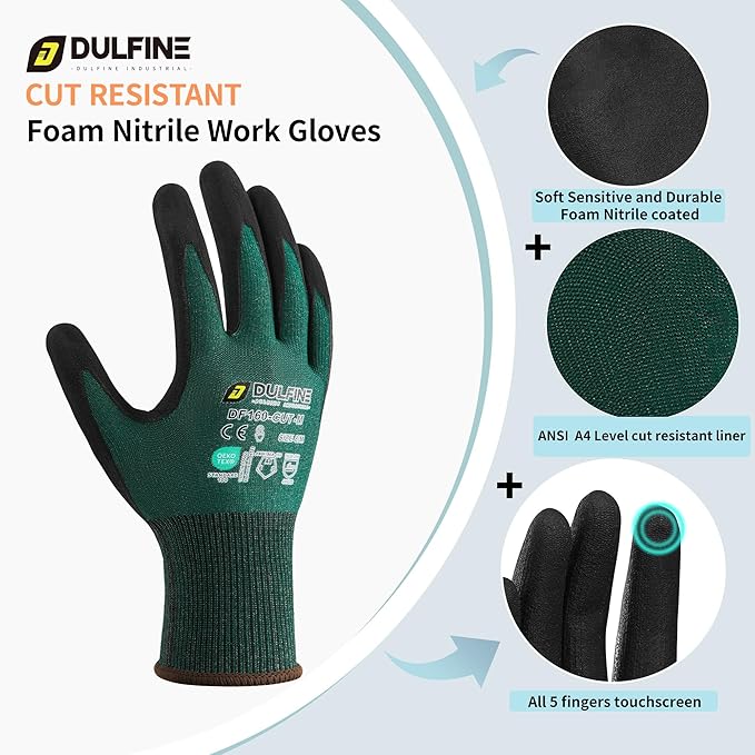 DULFINE ANSI A4 Cut Resistant Work Gloves for Men,6 Pairs Pack.Touchscreen Micro Nitrile Coated,Anti-Slip & Durable for Construction, Wood Cutting,Glass Factory Industrial Use(Extra Large)