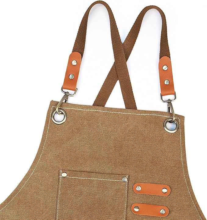 Chef Apron Medium-Thick Cotton Canvas,Cross Back with Multiple Pockets Adjustable Work Apron for Men and Women (Brown)