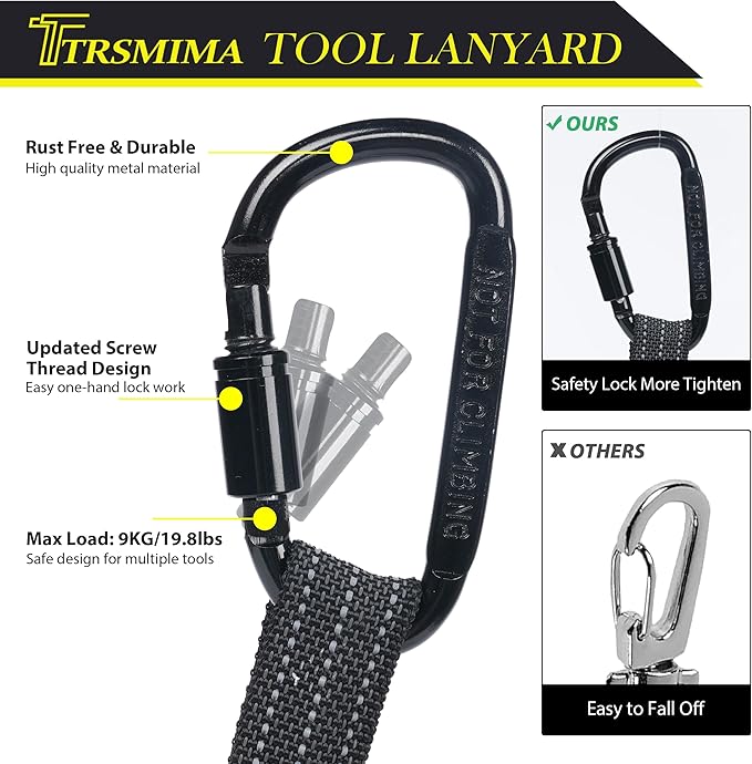 TRSMIMA Safety Tether Lanyard Tool - 2 Pack Fall Protection Retractable Lanyard with Single Aluminum Screw Lock Carabiner Metal Buckle Adjustable Loop End Maximum Weight Limit 9KG