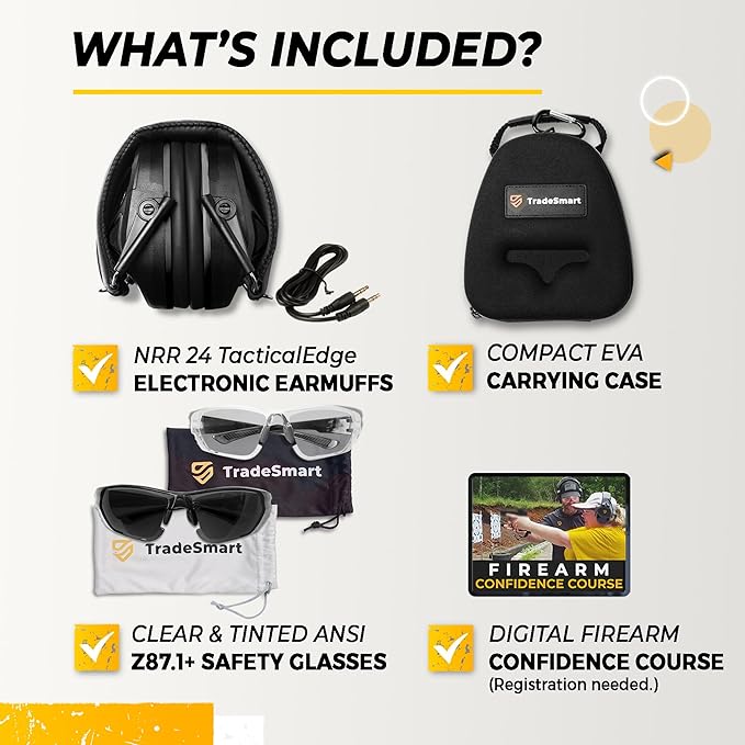 TradeSmart Complete Shooting Eye and Ear Protection: Electronic Earmuffs for Shooting, Range Glasses & Hard Carrying Case