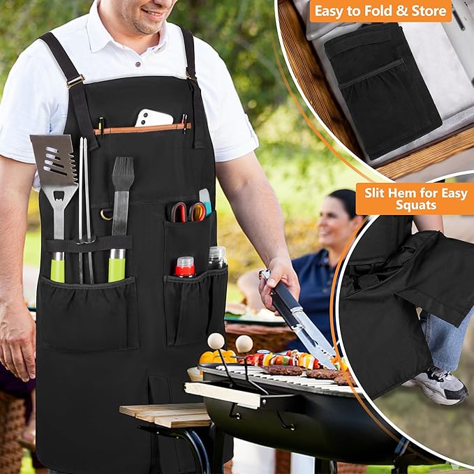 Heavy-duty BBQ Grilling Apron, Outdoor Cooking Apron for Men & Women Chef with Dual Shoulder Straps & Adjustable Buckle, Anti-oil Kitchen Apron with Multiple Pockets & Slit Hem, Apron Only