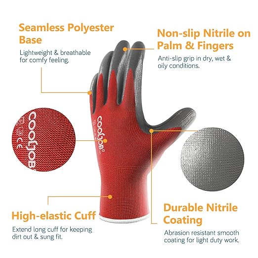 COOLJOB 10 Pairs Nitrile Dipped Safety Work Gloves with Grip, Non-slip Rubber Coated Bulk Garden Gloves for Men, Heavy-duty Oil Resistant for Truck Driver, Warehouse Box Handler, Large, Red Blue