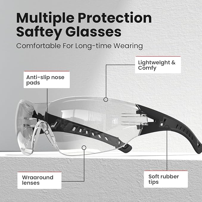 Safety Glasses with Clear Wraparound Lenses and Vented Frame