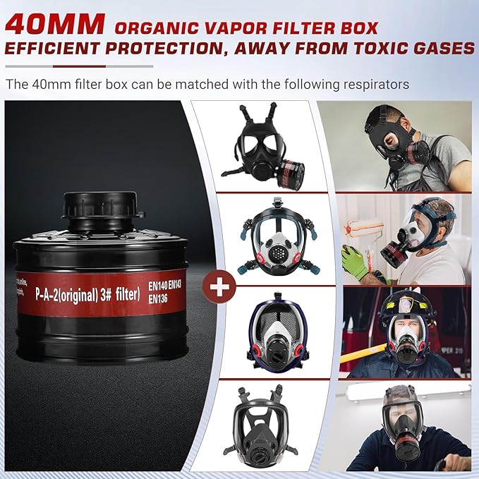 40MM Gas Mask Filters, 40mm Respirator Activated Carbon Filters for Full Face Respirator Mask Against Formaldehyde, Organic Vapor, Chemical, Dust, Spray, Welding