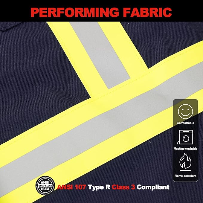 FR Shirts for Men 7oz High Visibility Fire Resistant Shirts NFPA CAT2 Welding Shirt 100% Cotton Hi Vis Flame Resistant Shirt Navy(5X-Large)