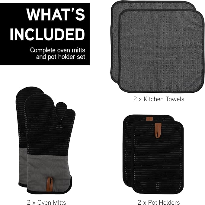 COOK WITH COLOR Silicone Oven Mitts- Heat Resistant Gloves with Soft Quilted Lining Oven Mitt Pot Holders for Cooking and BBQ, Black, Material Mitt Set