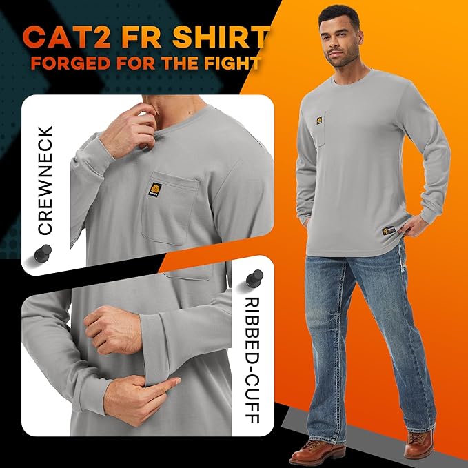 WORKWEYA Men's FR Shirts 6.5oz Lightweight Long Sleeve Flame Resistant T-Shirt NFPA 2112/CAT2