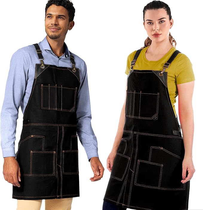 Under NY Sky Cargo Black Apron – Cross-Back with Leather Straps, Heavy-Duty Waxed Canvas and Split-Leg – Adjustable for Men and Women – Pro Woodworker, Mechanic, Blacksmith, Welder, Artist Aprons
