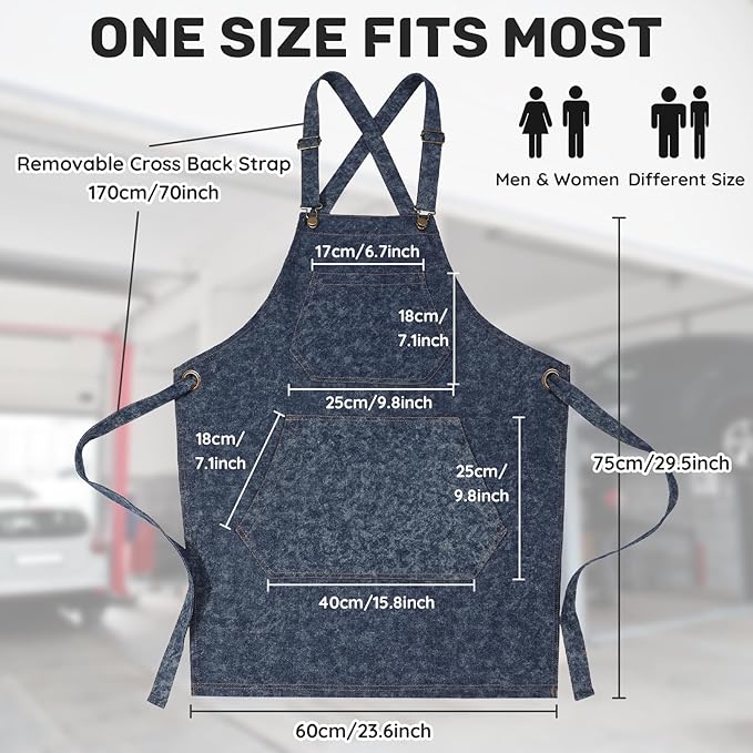 Cotton Denim Apron for Men Women, Cross Back Chef Apron with Large Pockets Removable Straps for Kitchen Cooking Gardening BBQ Hair Stylist Barista, Heavy Duty Jean Work Apron Adjustable Size
