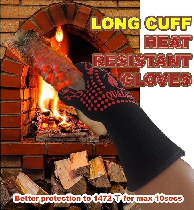 BBQ Gloves, 1472°F, EN407 Certified. Extreme Heat Resistant, Long Sleeve, Anti-Slip, Sweat Absorption, Comfier Easier and Safer for Grilling, Barbecue, Smoking, Cooking, Baking, Pot Holding. Red