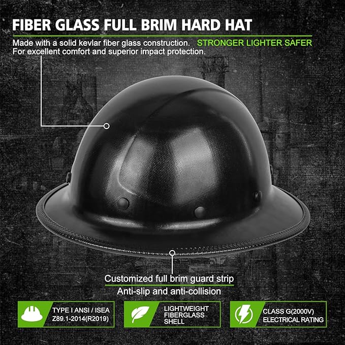 GREEN DEVIL Fiberglass Full Brim Hard Hat OSHA & ANSI Rated Fiber Hardhat for Men with Brim Guard