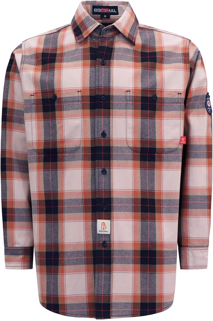 BOCOMAL FR Shirts Flame Resistant 100% C NFPA2112 7.5oz Men's Fire Retardant Welding Shirt