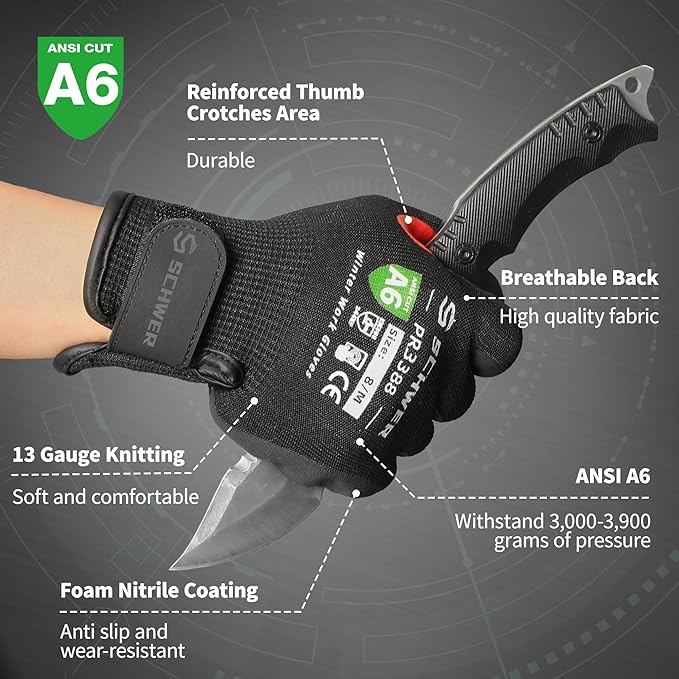 FreezeGuard Winter Work Gloves for Men and Women, ANSI A6 Cut Resistant Gloves With Super Grip, Freezer Glove for Work Below Zero, Touchscreen, Thermal Insulated, PR3388, Black Knight (S, 1 Pair)