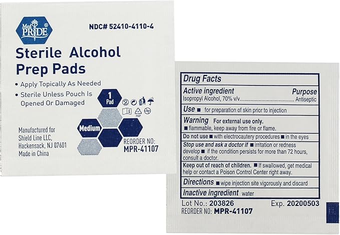 MED PRIDE Sterile Alcohol Prep Pads, Antiseptic, Individually Wrapped, Medical Grade, Latex Free, 2 Ply, 100 Count