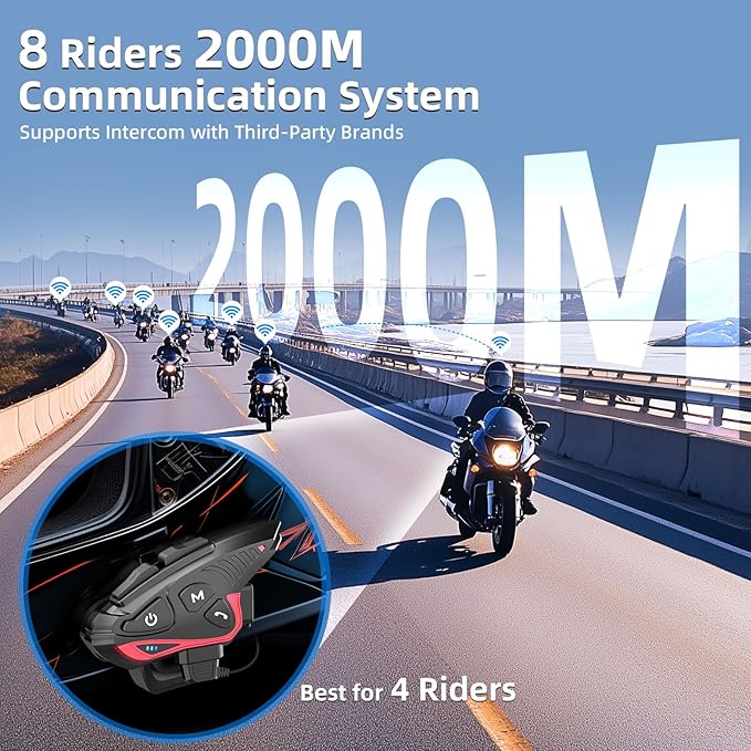 Moman Motorcycle Intercom Headset, CP-S 8 Riders 2000M Group Helmet Communication System, Universal Pairing with HiFi Noise Cancellation Music Share FM Radio Helmet Group Communicator for Motorbike