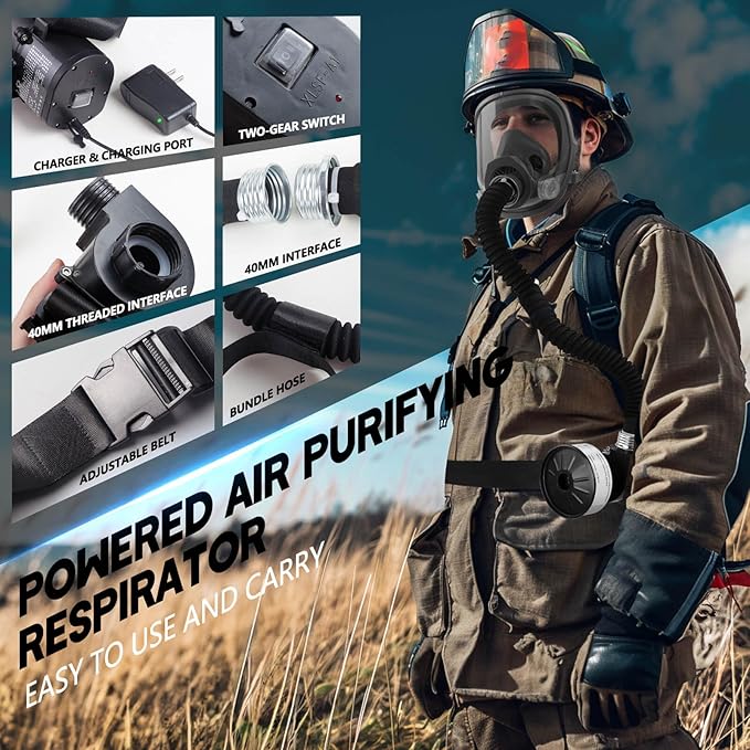Portable PAPR Respirator System: Powered Air Purifying Respirator - Supplied Air Respirator with 40mm Gas Mask Filters Full Face Gas Mask for Industry Chemicals Welding Paint