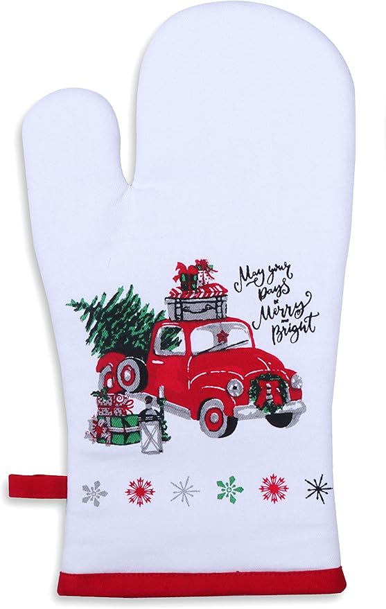 AMOUR INFINI Pot Holders and Oven Mitts 100% Cotton Unique Merry Christmas Design|Heat Resistant Non Slip Reusable Set of 1 Oven Mitt and 1 Pot Holder|Thanksgiving Christmas Fall Festive Kitchen Set