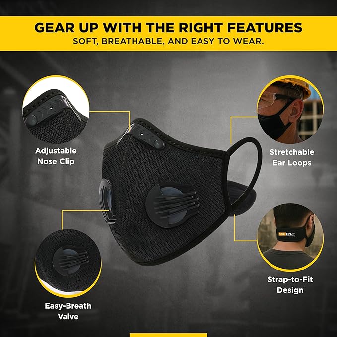 ToughCraft Reusable Dust Mask, Breathable Face Mask with 6 Filters for Dust, Welding, Construction, Sanding, Paint, Woodworking, Dual Breathing Valve for Cycling, Running, Outdoor Sports - Black