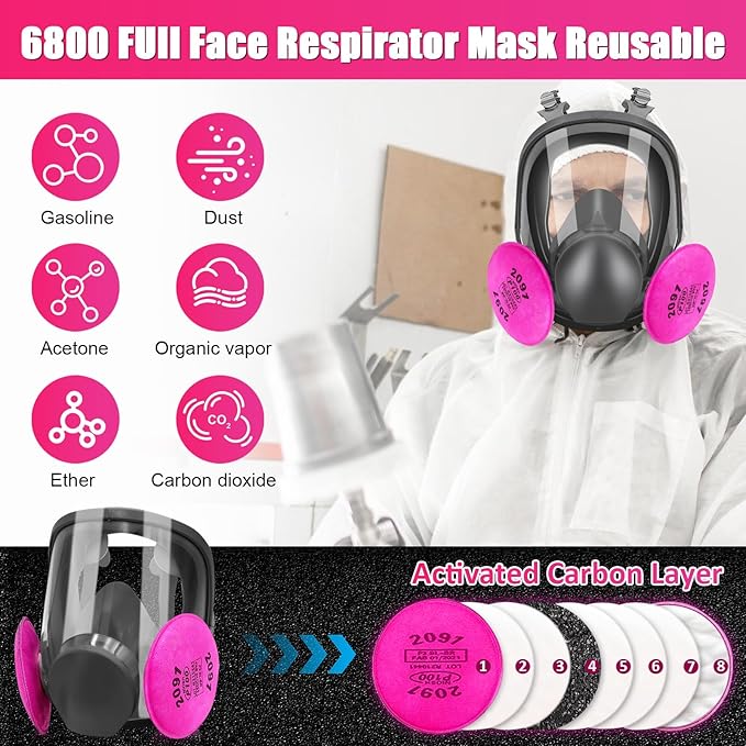 Full Face Respirator Mask, 6800 Reusable Respirator Mask with Filters 6001, Anti-fog, Ideal for Paint, Spray, Dust