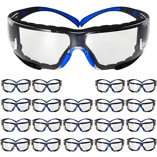 3M Safety Glasses for Men and Women, SecureFit 400, 20 Pack, ANSI Z87 Eye Protection, Scotchgard Anti-Fog Anti-Scratch Clear Lens, Blue/Gray Frame, Removable Foam Gasket, Flexible Temples