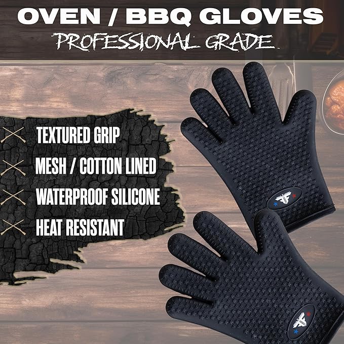 Silicone Oven Mitt - Heat Resistant BBQ Gloves with Fingers for Grilling or Smoker Pit, Easy Clean Waterproof Heat Proof Grill Glove for Baking & Cooking (Black)