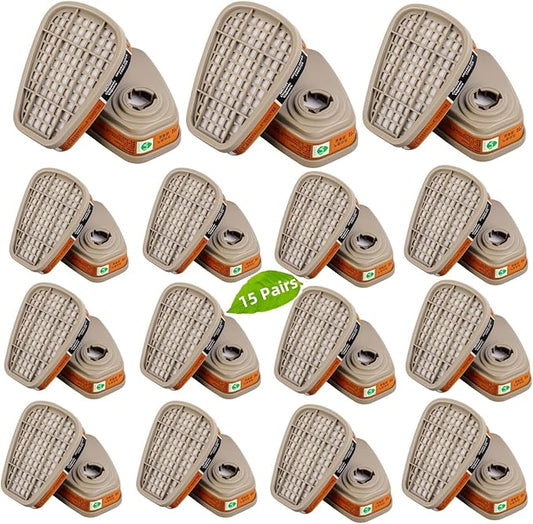 15 Pairs 6001 Filter Cartridges for Respirator Mask, Dust Gas Organic Vapor Activated Carbon 6001 Respirator FiltersCompatible with 6200, 6502, 6800 Respirator
