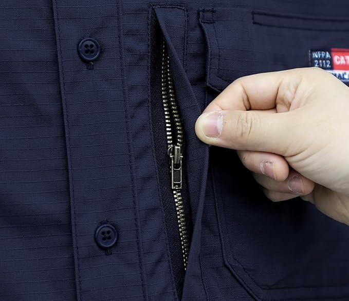 BOCOMAL FR Shirts 6oz Ripstop Durable Rugged Zipper Pocket Water Repellent Finish Fire Resistant Shirt-CAT2