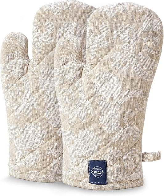 Encasa XO Oven Gloves Heat Resistant | Microwave Cooking Mittens for Baking & Kitchen Use | 12x7 in | Cotton Utensil Holder - Chambray Fabric (Pack of 2, Beige)