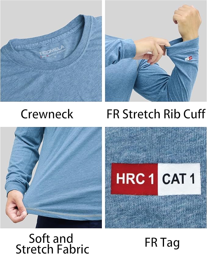 TICOMELA FR Shirts for Men 4oz Lightweight Flame Resistant Crewneck T-Shirts 100% Cotton Fire Retardant Henley Shirts