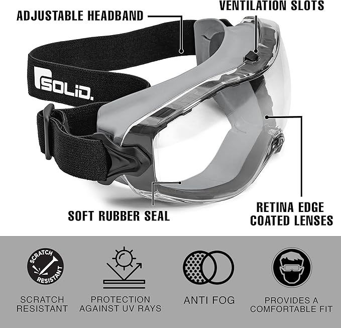 SolidWork Safety Goggles Anti-Fog Clear Lens with Adjustable Elastic Headband. Protective Eyewear for Men & Women