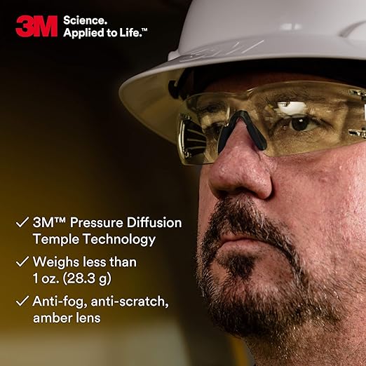 3M Safety Glasses, SecureFit, 20 Pack, ANSI Z87, Scotchgard Anti-Fog Anti-Scratch, Amber Lens, Yellow/Black Frame, Flexible Temples