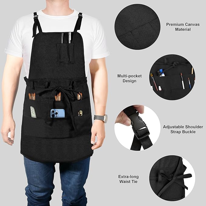 MyLifeUNIT Artist Apron, Adjustable Painting Apron with 10 Pockets for Arts and Craft, Black Canvas Pottery Apron for Women Men