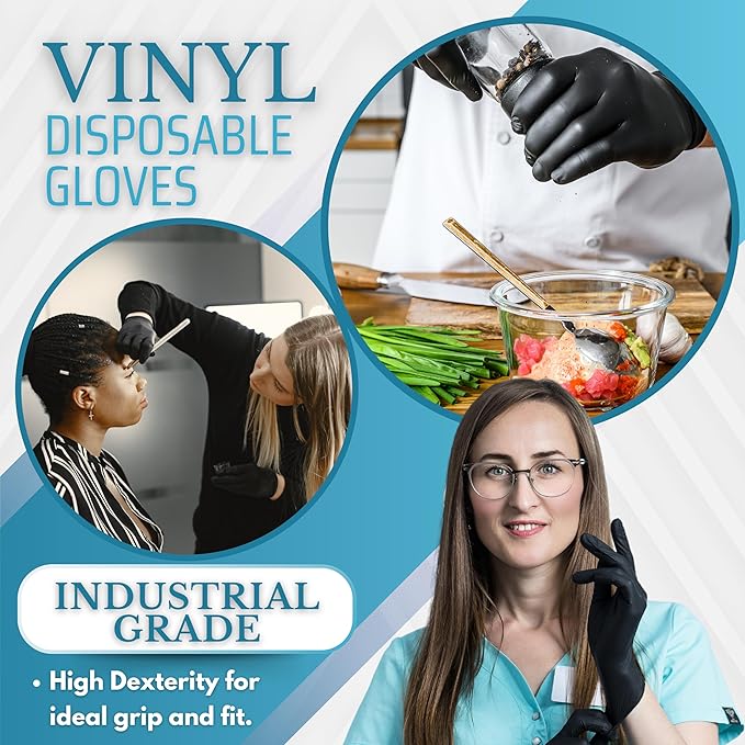 Black Disposable Gloves, Black Vinyl Gloves, 4.5-Mil, Latex Free, Powder Free for Cooking, Cleaning & Food Prep