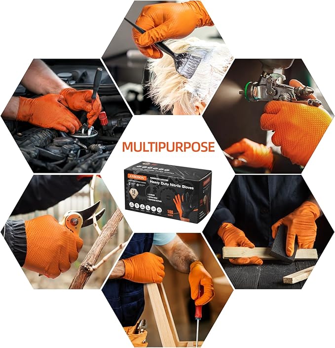 10 Mil Nitrile Disposable Gloves Heavy Duty Mechanic Gloves Raised Diamond Texture Thick Orange, 100 Pack Large