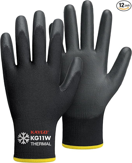 KAYGO Winter Work Gloves for Men and Women, 12 Pairs Thermal Insulated Safety Work Gloves PU Coated, Smooth Grip on Palm & Fingers,Ideal for Freezer Work,Black,L