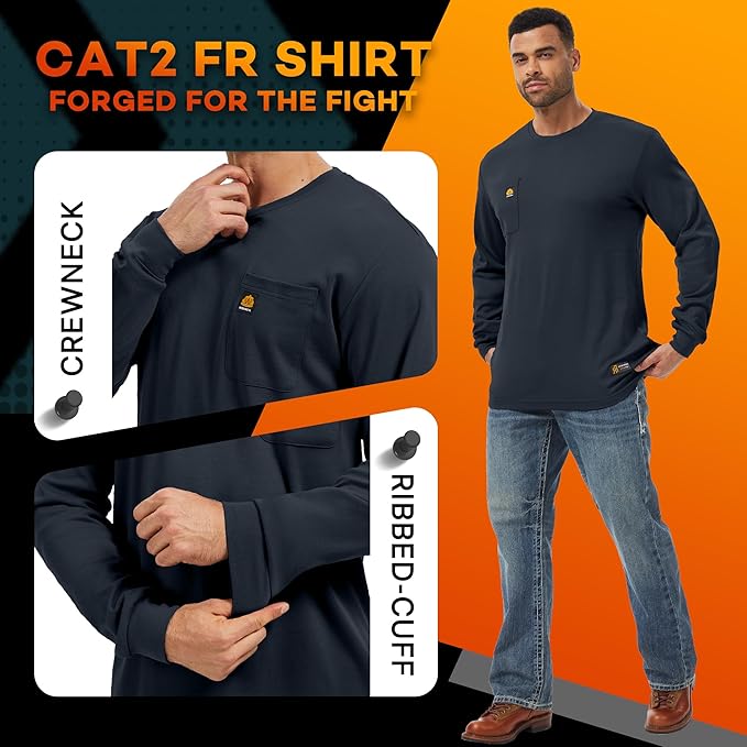 WORKWEYA Men's FR Shirts 6.5oz Lightweight Long Sleeve Flame Resistant T-Shirt NFPA 2112/CAT2