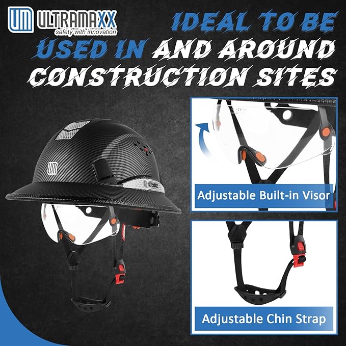 Full Brim Hard Hat with Built-in Visor, ANSI Z89.1 OSHA Approved Construction Safety Helmet with Chin Strap for Men Women