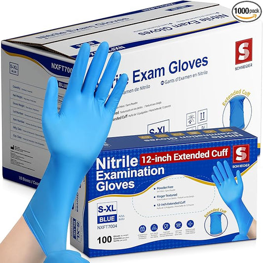 Schneider Nitrile Exam Gloves, Extended 12 Inches Cuff, X-Large, 1000-ct Box, 4 mil, Gloves Disposable Latex Free, Powder Free for Medical, Food Prep, Cleaning, Cooking, Blue