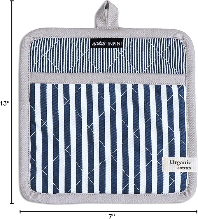 AMOUR INFINI Striped Pot Holders and Oven Mitts Heat Resistant Non Slip Reusable Set of 1 Oven Mitt and 1 Pot Holder Oven Gloves Pot Holder for Cooking (Blue)