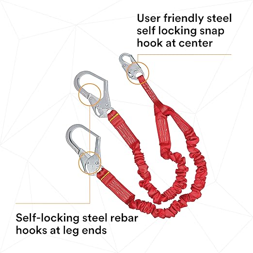 3M Protecta PRO 1340161 6', 100-Percent Elastic Shock Absorbing Lanyard, Snap Hook At Center, Steel Rebar Hooks On Leg Ends, 310 lb. Capacity, Red