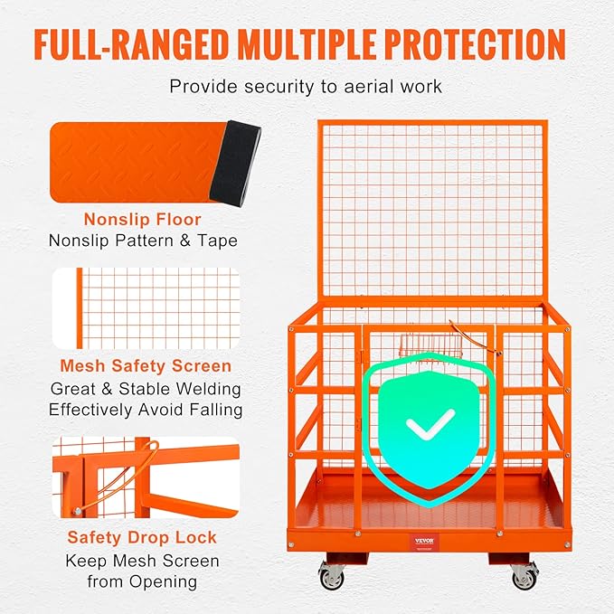 VEVOR Forklift Safety Cage, Forklift Man Basket 1400lbs Capacity, 43"x45" Work Platform with Safety Harness & Lock, Drain Hole & Wheels & Tool Basket, Perfect for Aerial Work