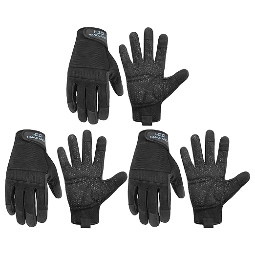 HANDLANDY Grip Work Gloves for Women Men, Safety Utility Yard Working Gloves, Flexible Touch Screen Mechanics Gloves (Black-Grip, Large (Pack of 3))