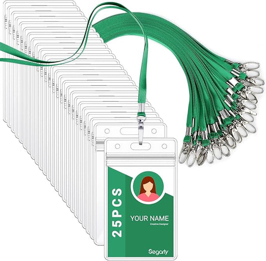 Segarty Lanyards with ID Holder, 25 Pack Vertical Badge Clear Plastic Name Tags Neck Key Card Bulk, Green Strap Clips Waterproof Ziplock Nametag Protector for Women, Business, Student, School, Office