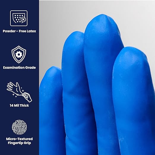 Adenna HERO Disposable Latex Gloves - 14 Mil, NFPA-Approved Heavy Duty Glove with 12" Extended Cuff & Micro-Textured Grip, Exam Grade, Powder Free, Case of 500, Medium, Blue