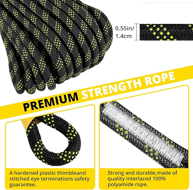 TRSMIMA Rope Harness Safety Lanyard：150ft Vertical Roofing Rope With Grab Snap Hooks Shock Absorber - Fall Protection Tree Climbing Line Kit Heavy Duty Roof Safety Equipment ANSI CE