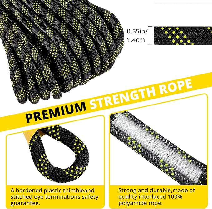 TRSMIMA Rope Harness Safety Lanyard：50ft Vertical Roofing Rope With Grab Snap Hooks Shock Absorber - Fall Protection Tree Climbing Line Kit Heavy Duty Roof Safety Equipment ANSI CE