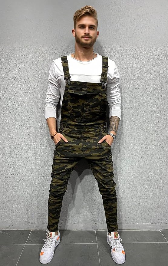 LONGBIDA Men's Denim Bib Overalls Fashion Slim Fit Jumpsuit with Pockets