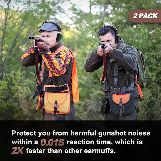 PROHEAR 2 Pack Electronic Ear Protection for Shooting with 4X Sound Amplification, Gun Range Hearing Protection Muffs, NRR 23dB Noise Reduction Headphones for Hunting, Green and Brown